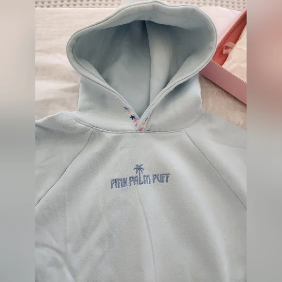 πβ΅οΈNew Pink Palm puff Chase the Sun Relaxed Hoodie in Sky Blue M - Picture 9 of 13
